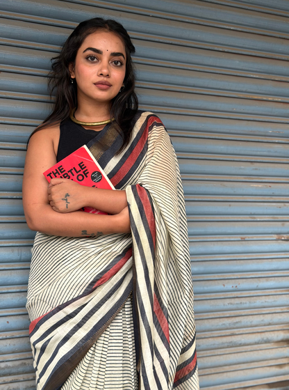 Classic Maheshwari Silk Saree with Contemporary Stripe Border