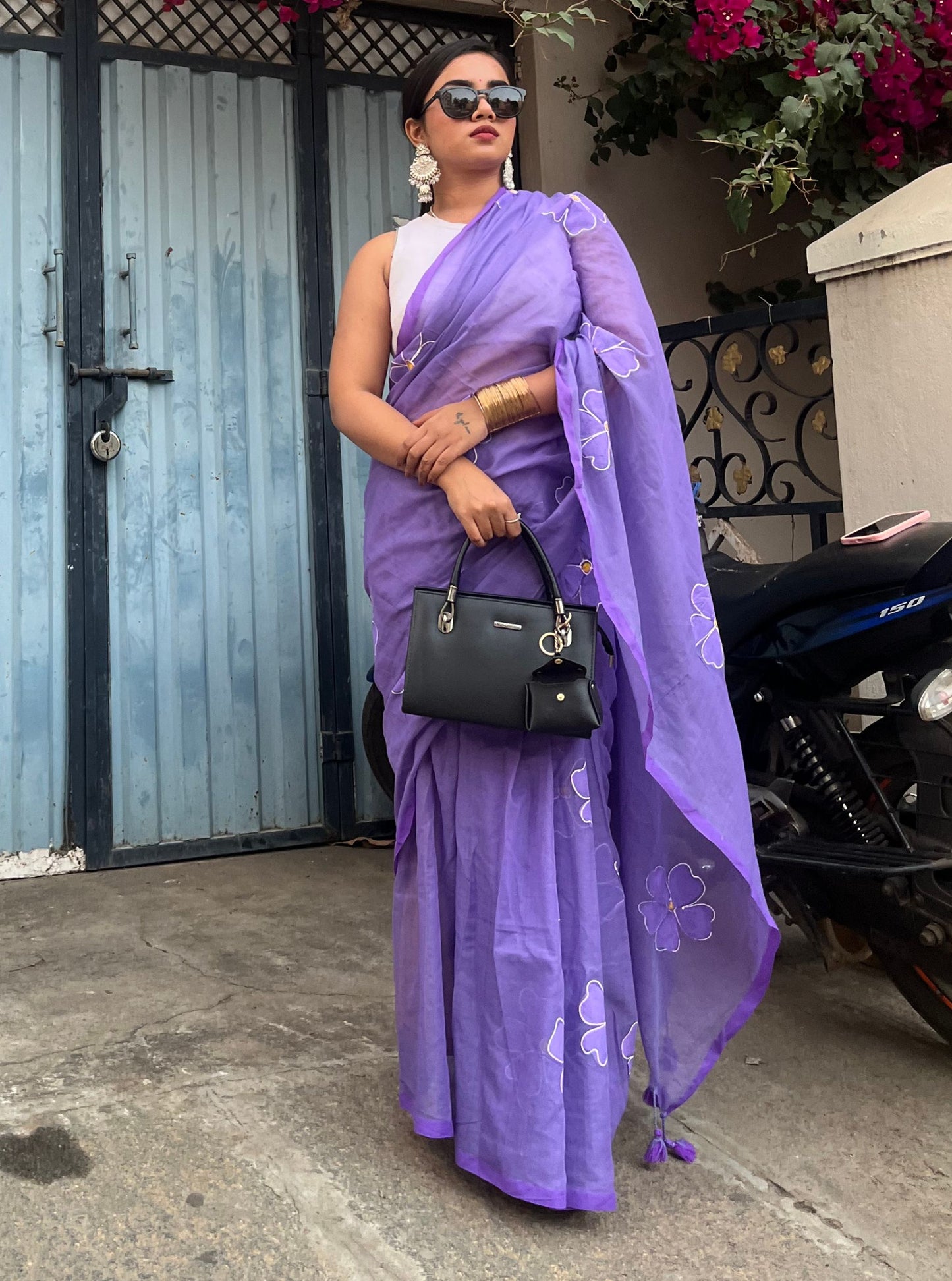 Lavender Mul Cotton Saree with Minimal Floral Handwork