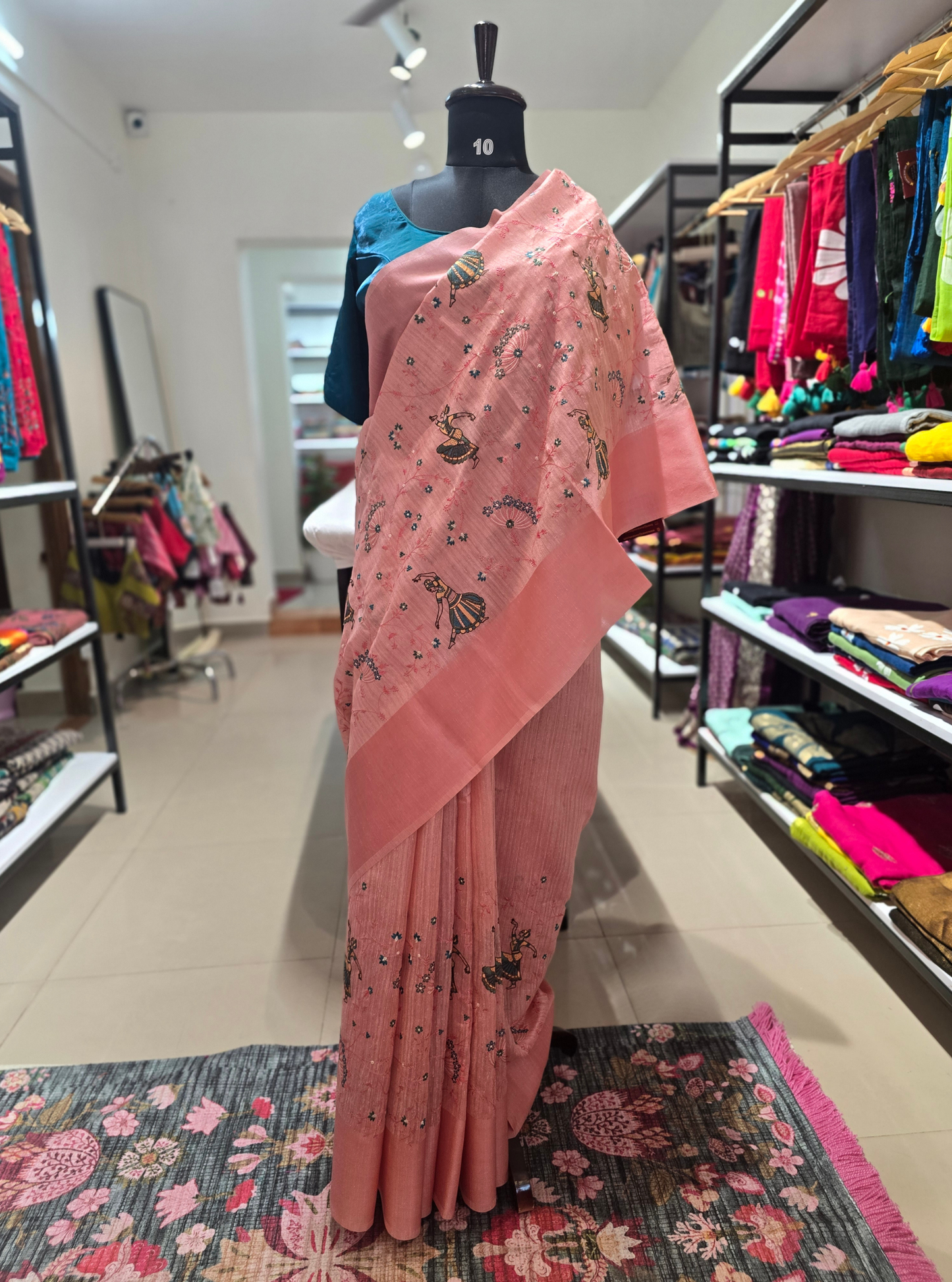 Blush Pink Tussar Silk Saree with Artistic Embroidery Motifs