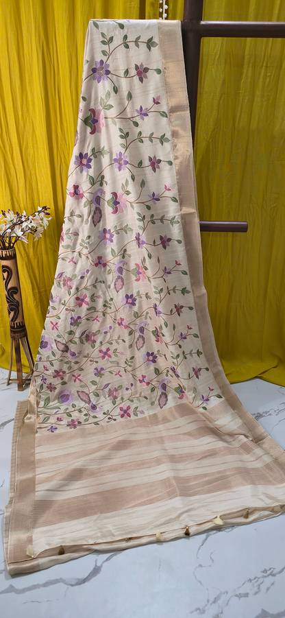Beautiful White Tussar Silk Saree with Embroidery Design for Festive Wear