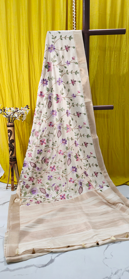 Beautiful White Tussar Silk Saree with Embroidery Design for Festive Wear