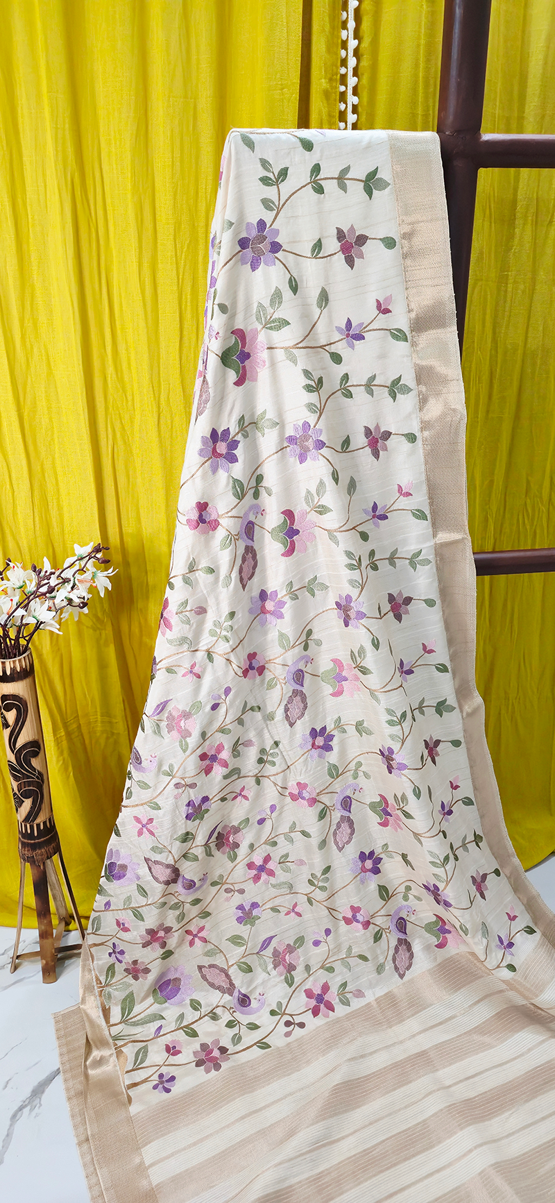 Beautiful White Tussar Silk Saree with Embroidery Design for Festive Wear