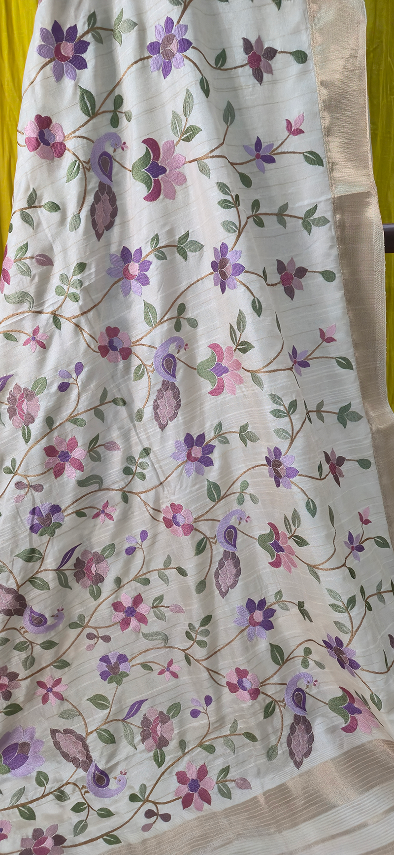 Beautiful White Tussar Silk Saree with Embroidery Design for Festive Wear