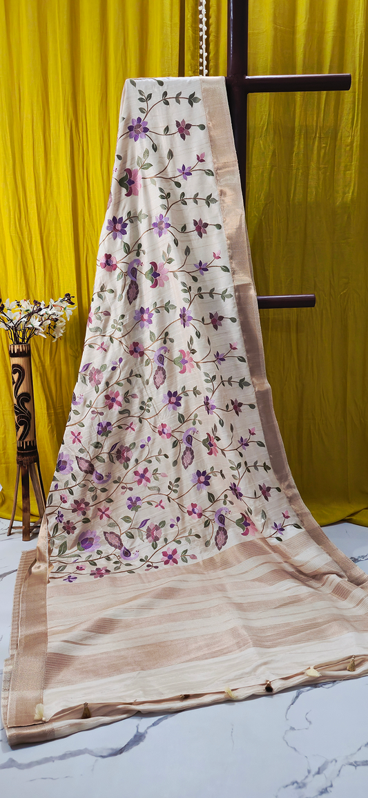 Beautiful White Tussar Silk Saree with Embroidery Design for Festive Wear