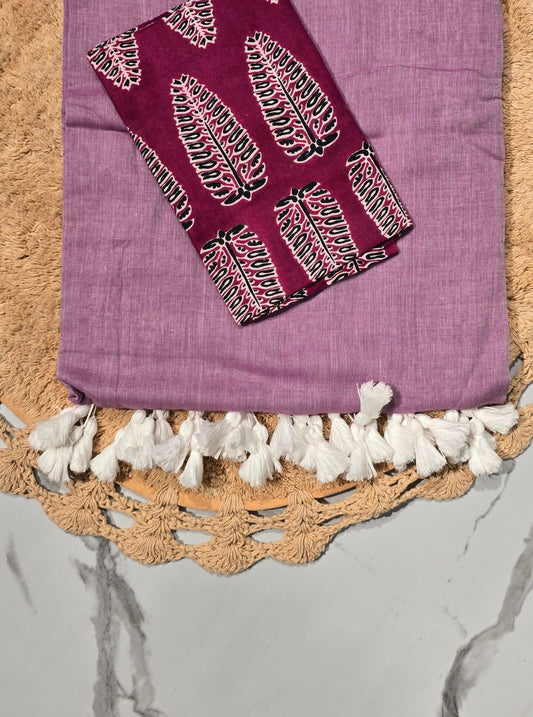 Lavender Mul Cotton Saree with White Tasselled Pallu & Leaf Motif Printed Blouse