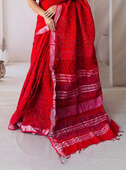 Crimson Red Hand-Printed Linen Cotton Saree with Traditional Motifs