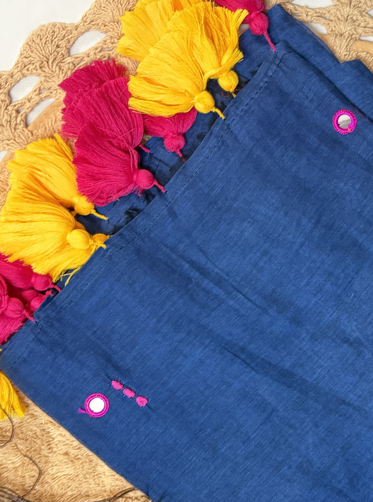 Indigo Blue Mul Cotton Saree with Multicolor Tassels