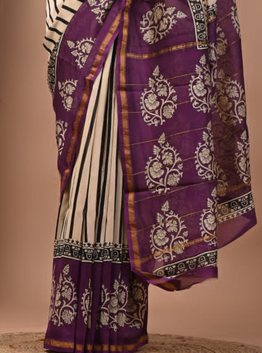Ivory & Purple Chanderi Silk Ajrakh Saree with Striped Body