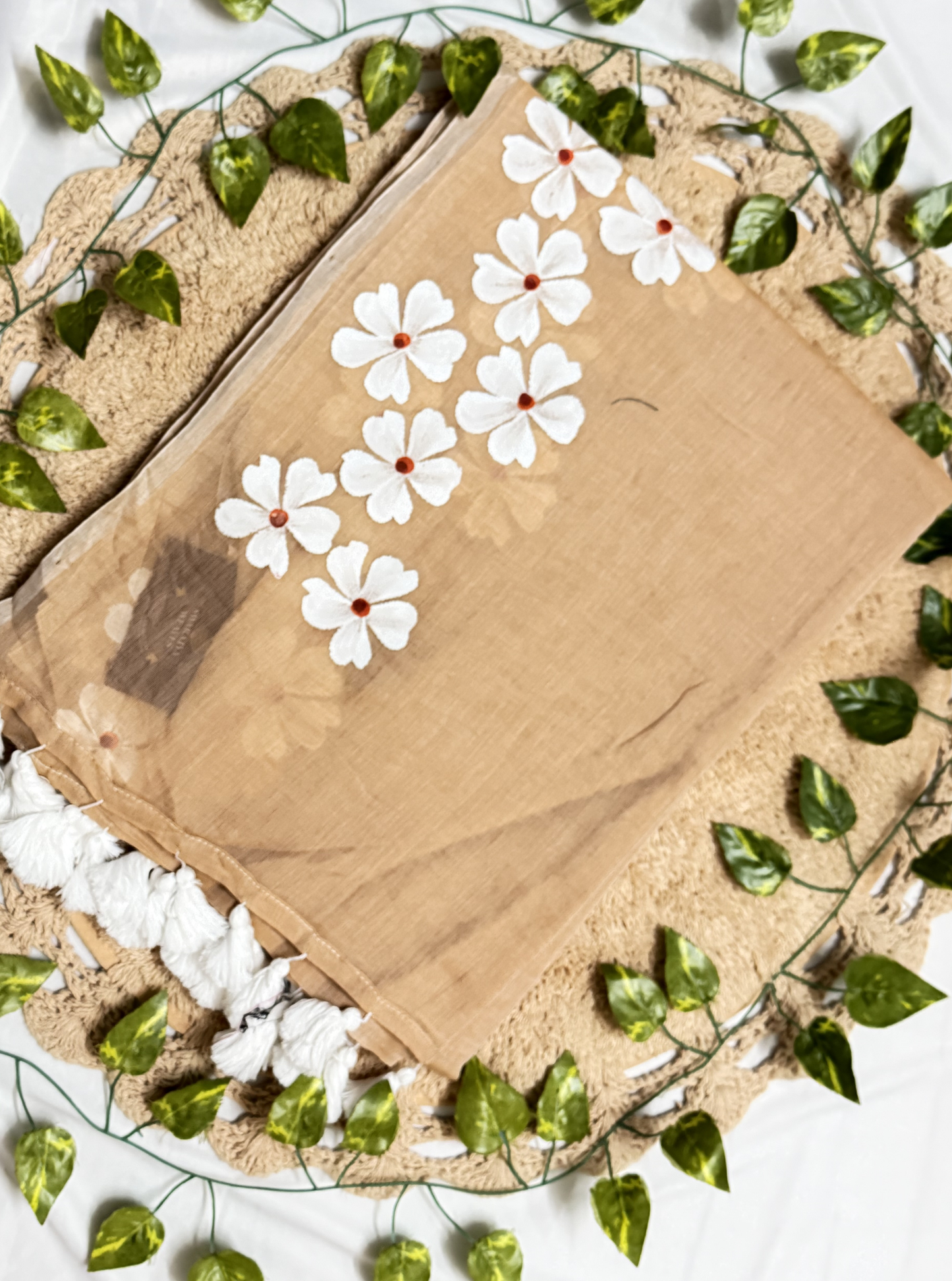 Sand Beige Mul Cotton Saree with White Floral Embroidery
