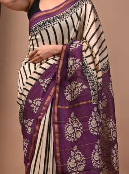 Ivory & Purple Chanderi Silk Ajrakh Saree with Striped Body