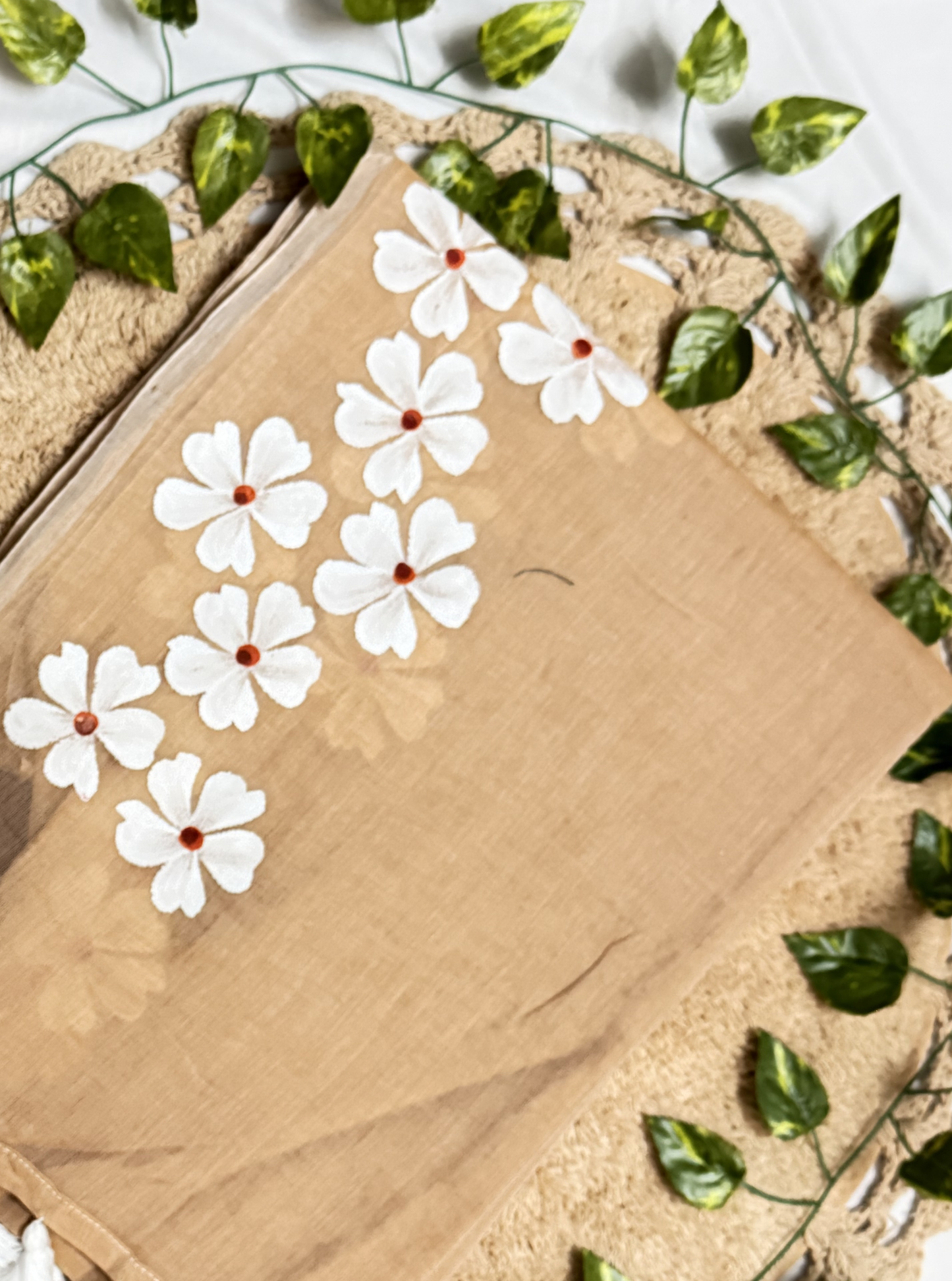 Sand Beige Mul Cotton Saree with White Floral Embroidery