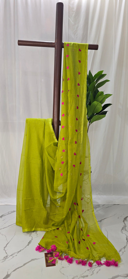 Lime Green Mul Cotton Saree with Pink Embroidered Heart Motifs & Tassel Pallu