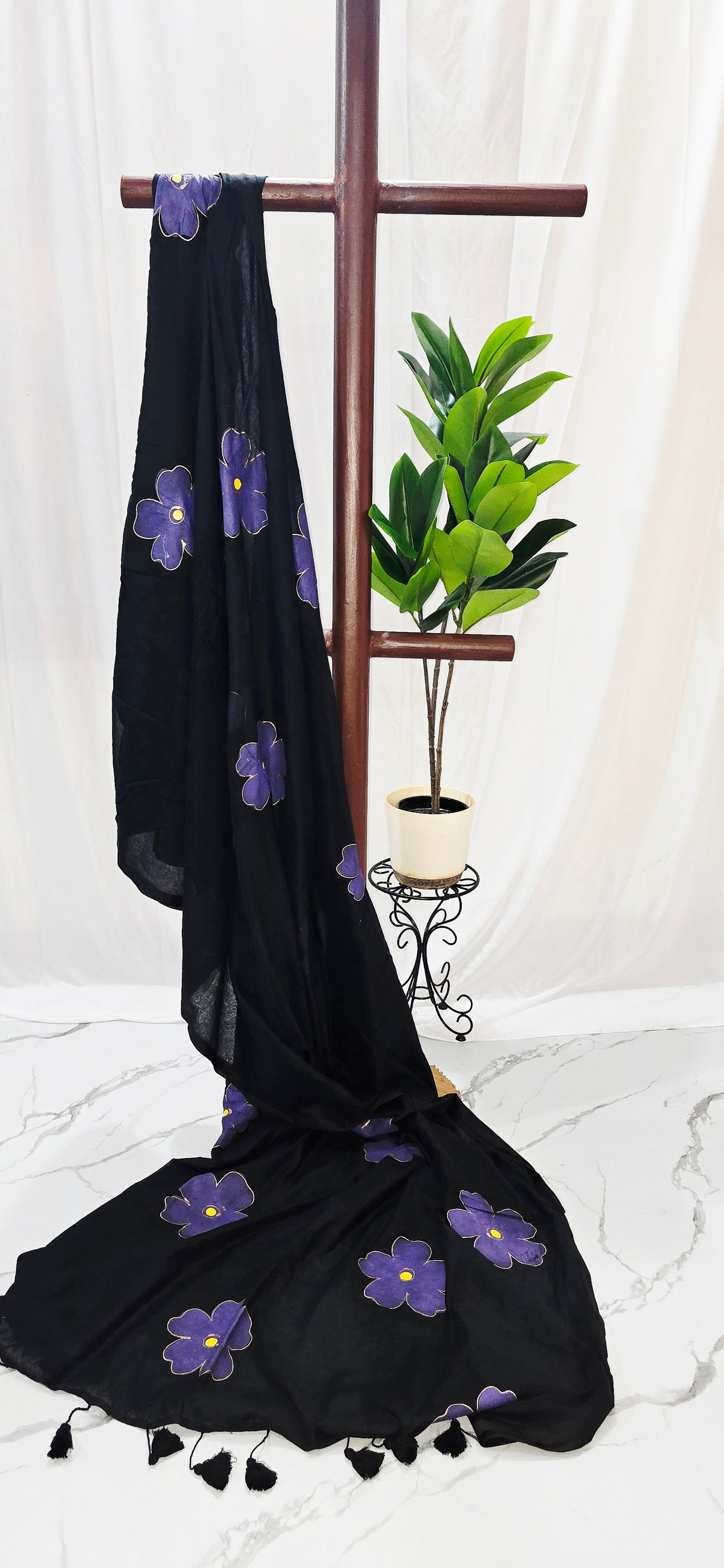 Black Mul Cotton Saree with Hand-Printed Purple Floral Design