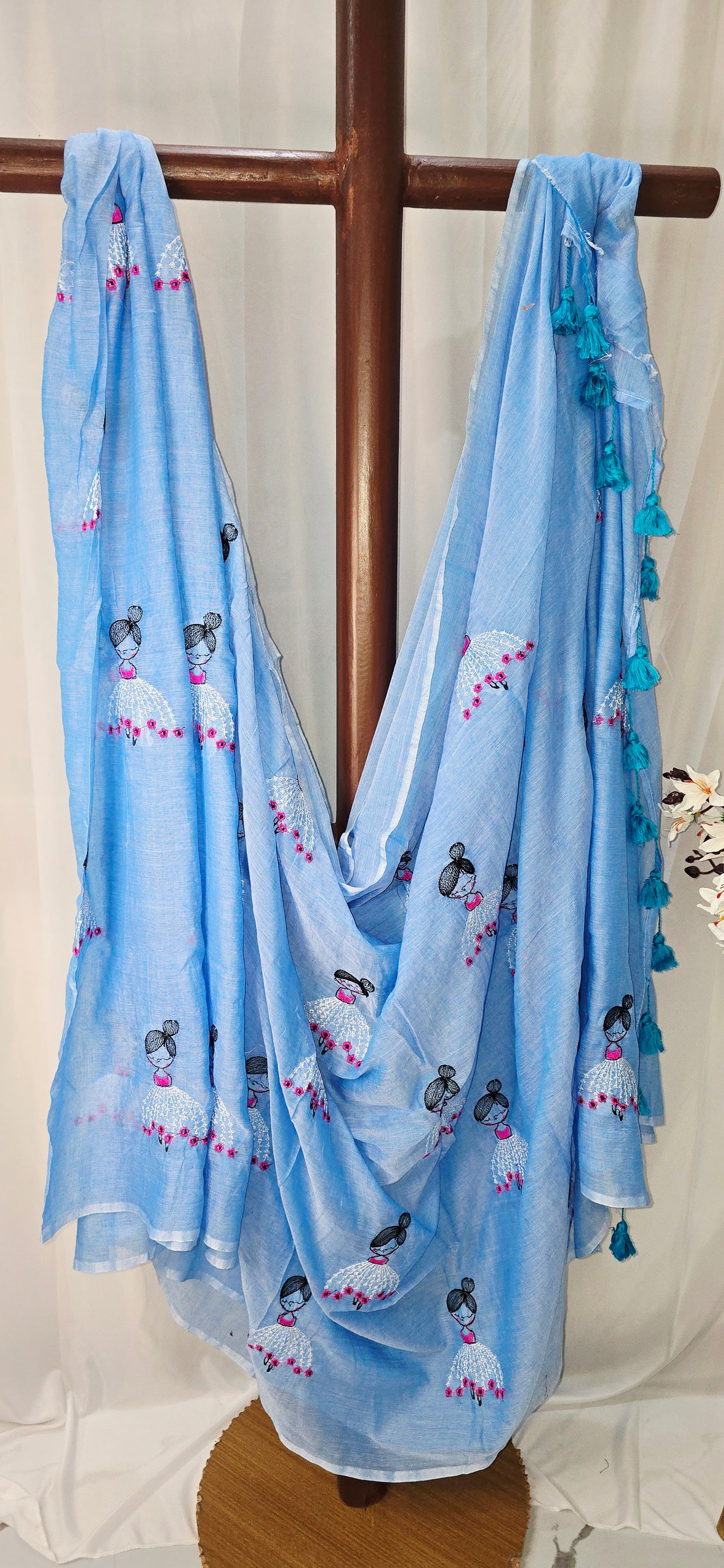 Light Blue Hand-Embroidered Mul Cotton Saree with Tassel Detailing