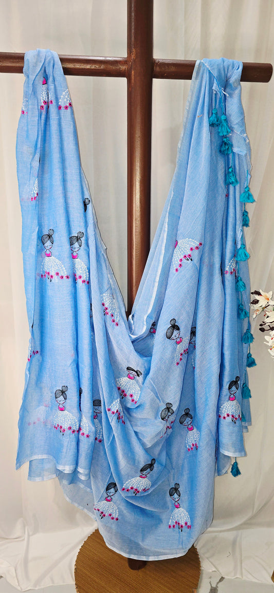 Light Blue Hand-Embroidered Mul Cotton Saree with Tassel Detailing