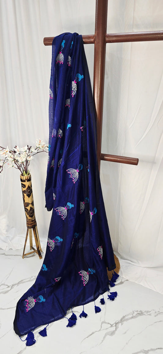 Navy Blue Mul Cotton Saree with Embroidery & Tassel Pallu