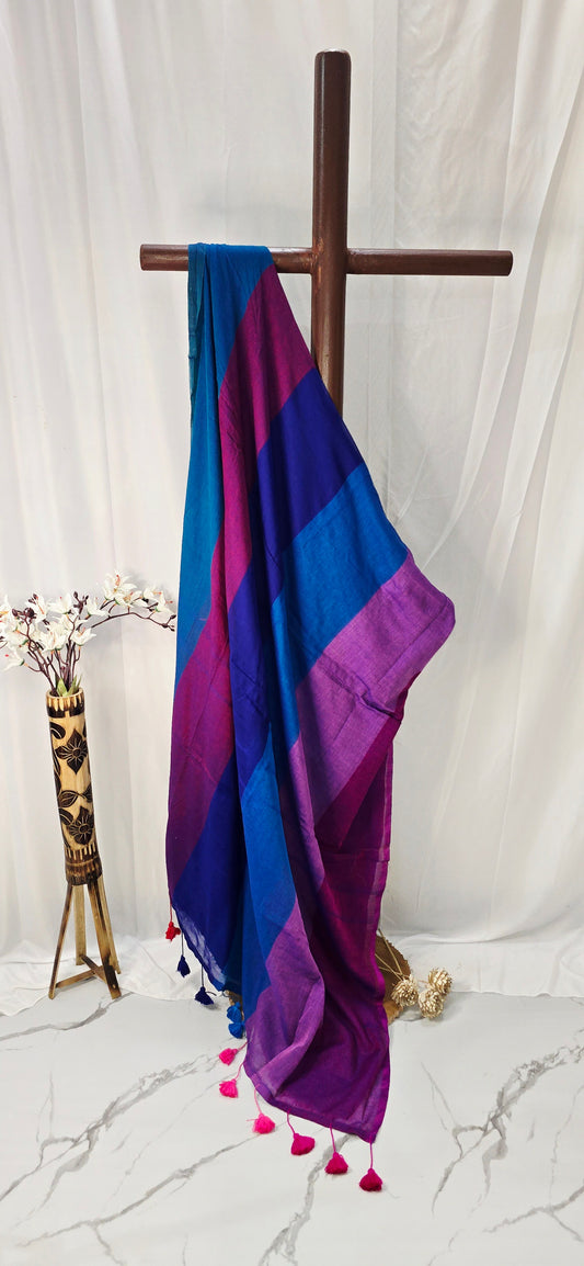 Multicolor Mul Cotton Saree with Bold Stripes & Tassel Pallu