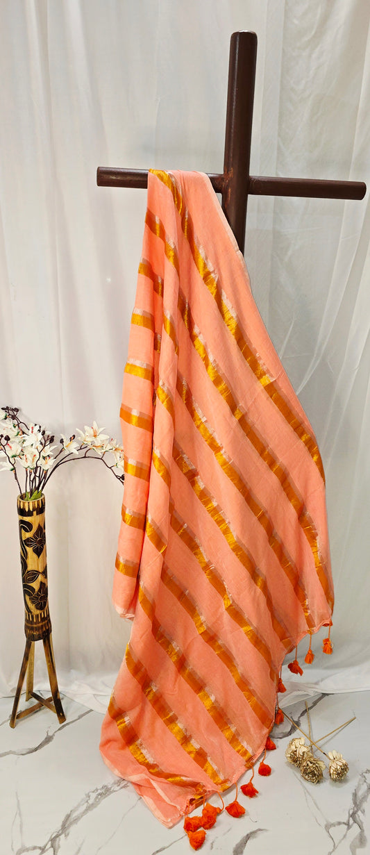 Peach Tissue Mul Cotton Saree with Golden Stripes & Tassels | Lightweight Handloom Saree