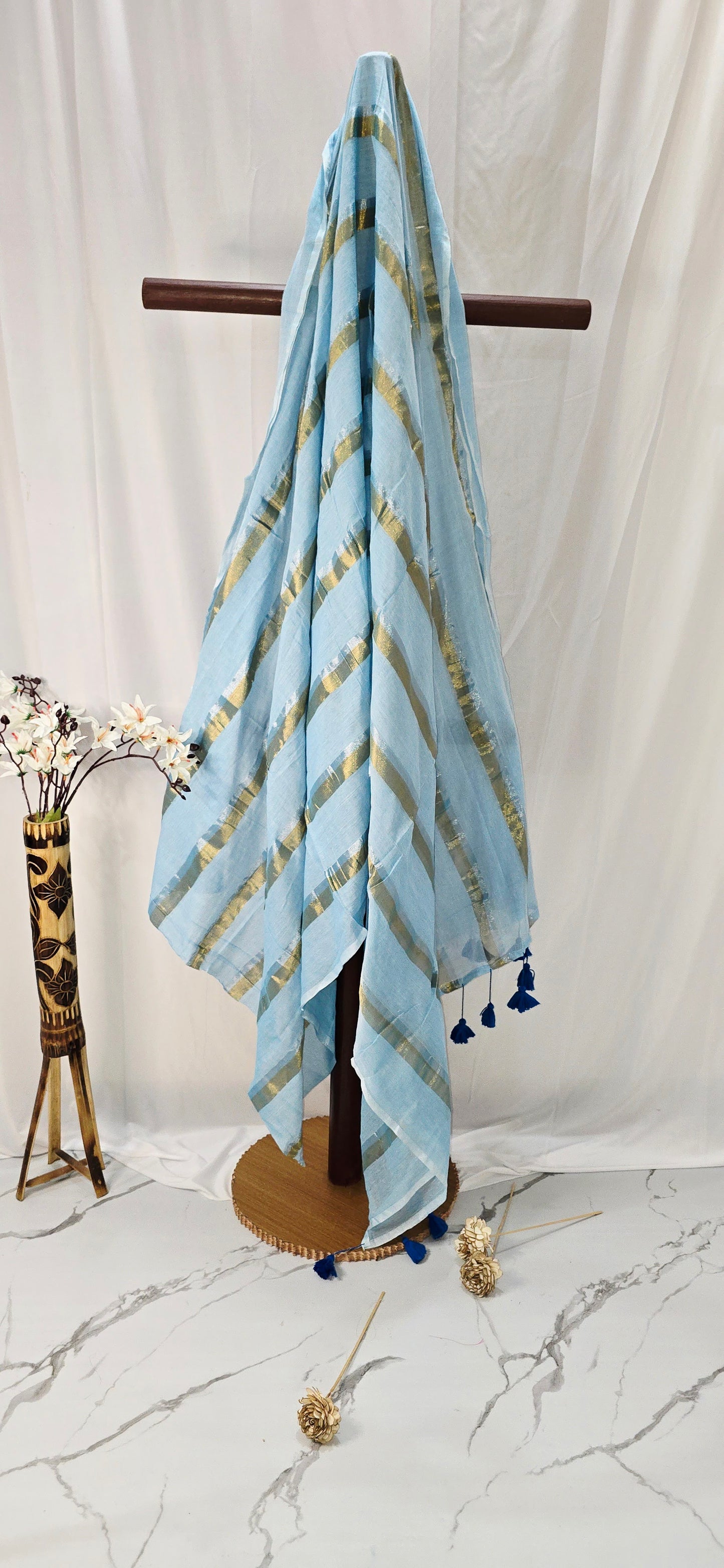 Blue Mul Cotton Saree with Golden Stripes & Tassels | Lightweight Handloom Cotton Saree