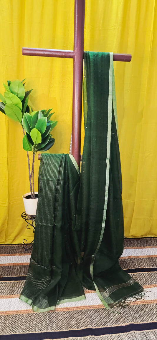 Pure Kora Silk Green Saree with Silver Zari Border & Subtle Stripes
