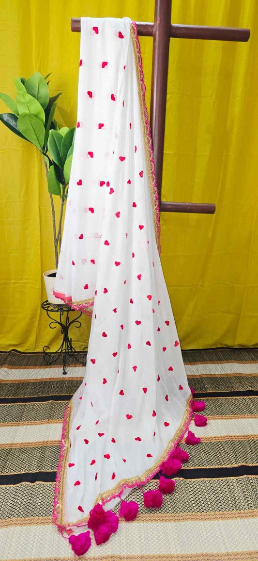 White Mul Cotton Saree with Red Heart Motifs & Golden Lace Border