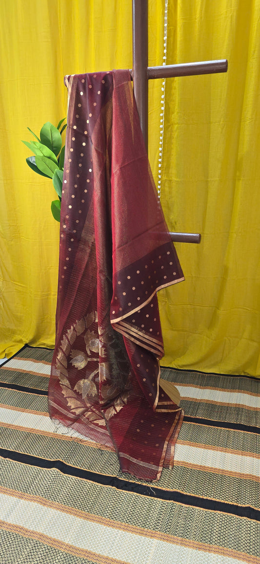 Pure Organza kora Maroon Saree with Golden Zari Border & Floral Pallu