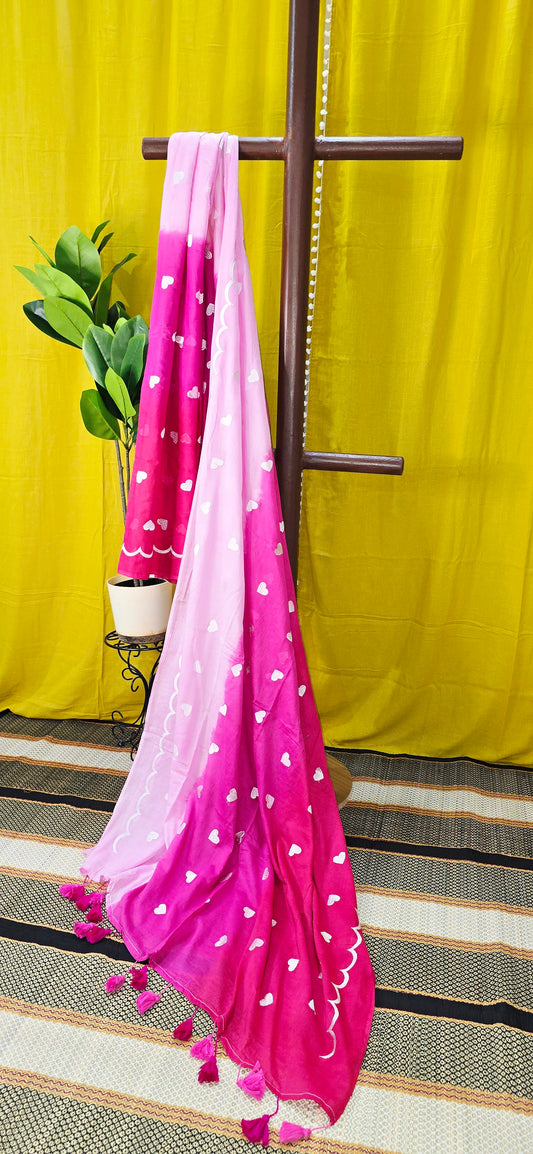 Pink Mul Cotton Saree with Heart Motifs & Tassel Detailing