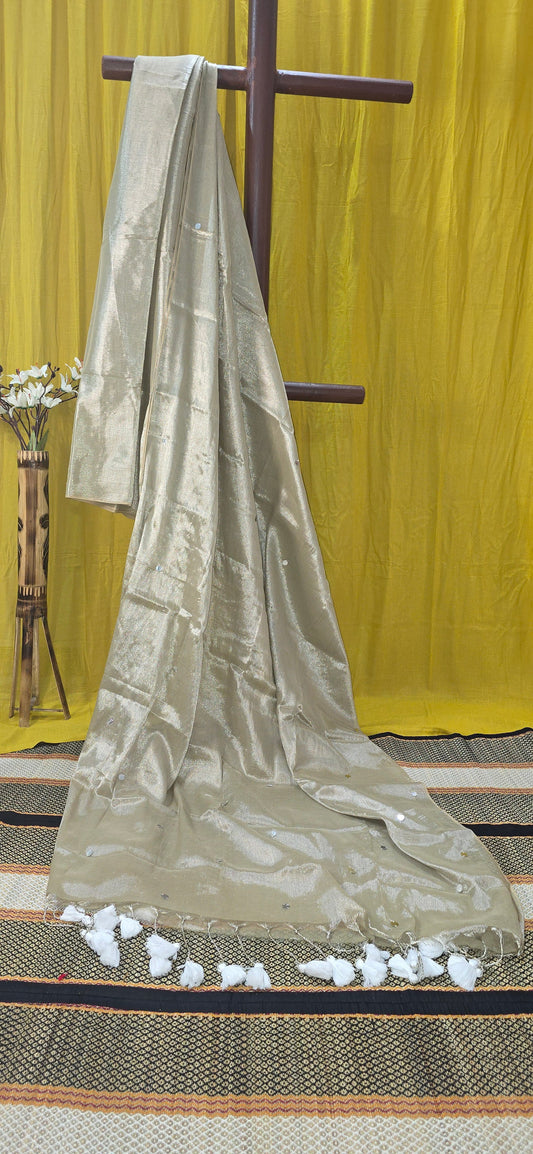 Golden Beige Tissue Cotton Saree with White Tassels