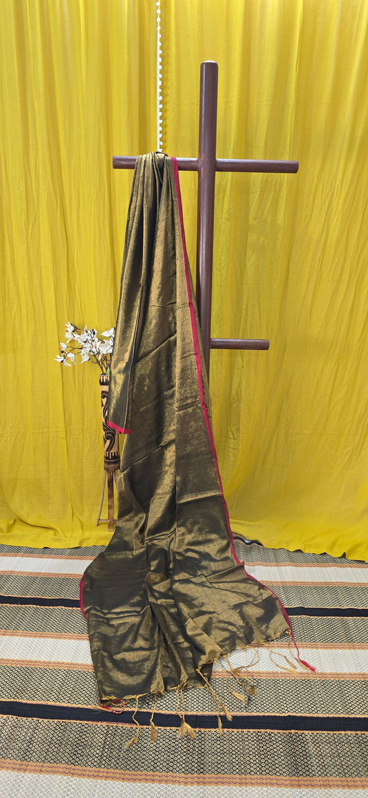 Antique Gold & Crimson Red Tissue Saree with Tassel Detailing