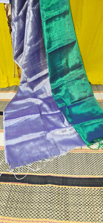 Dual Shade Green and Silver Tissue Cotton Saree with Elegant Festive Appeal
