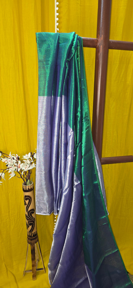 Dual Shade Green and Silver Tissue Cotton Saree with Elegant Festive Appeal