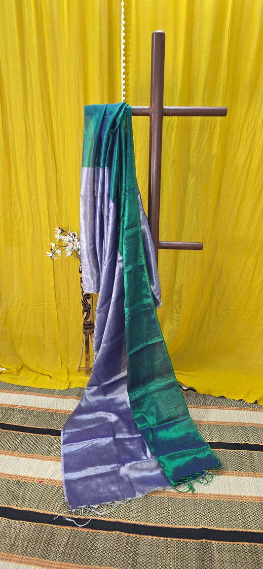 Dual Shade Green and Silver Tissue Cotton Saree with Elegant Festive Appeal