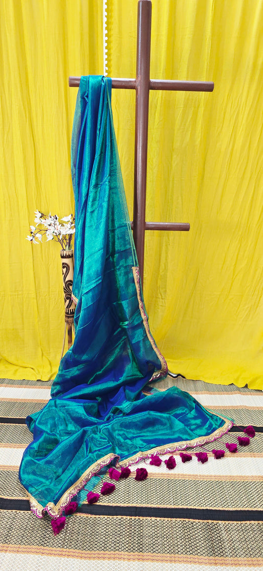 Elegant Blue Tissue Cotton Saree with Lace Border for Festive Wear