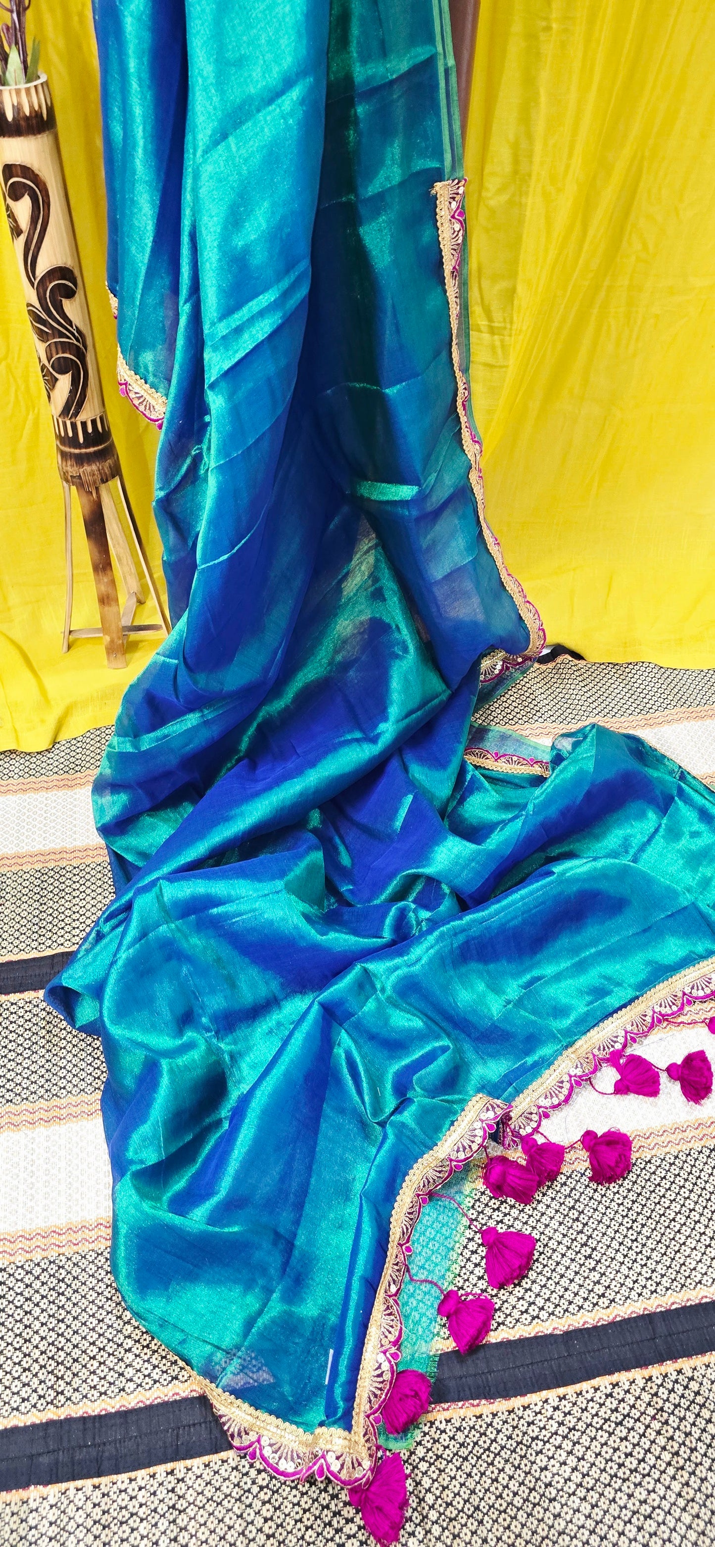 Elegant Blue Tissue Cotton Saree with Lace Border for Festive Wear