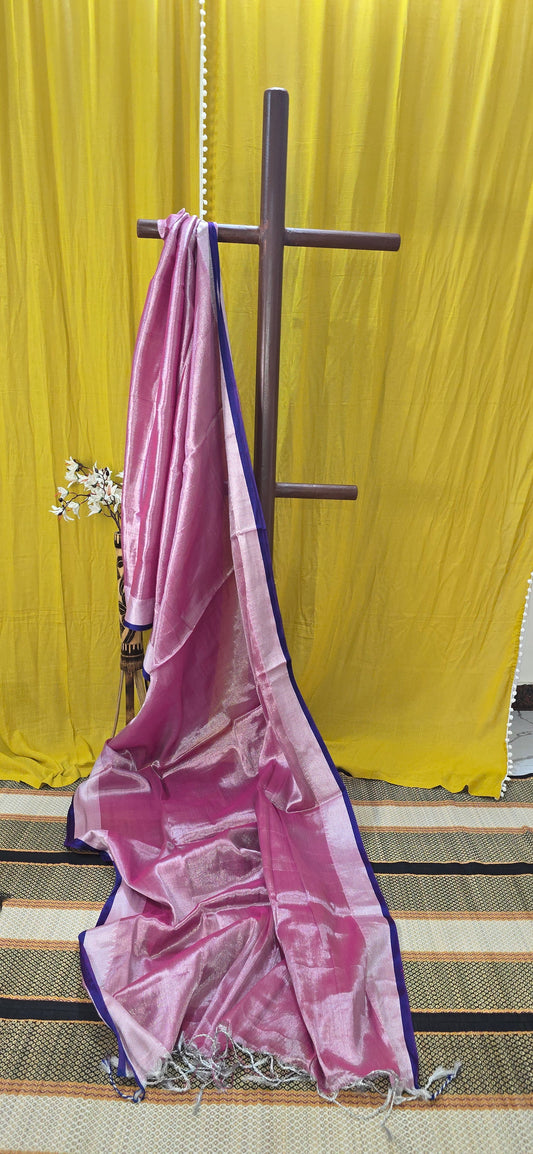 Rose Pink Tissue Silk Saree with Royal Blue Border