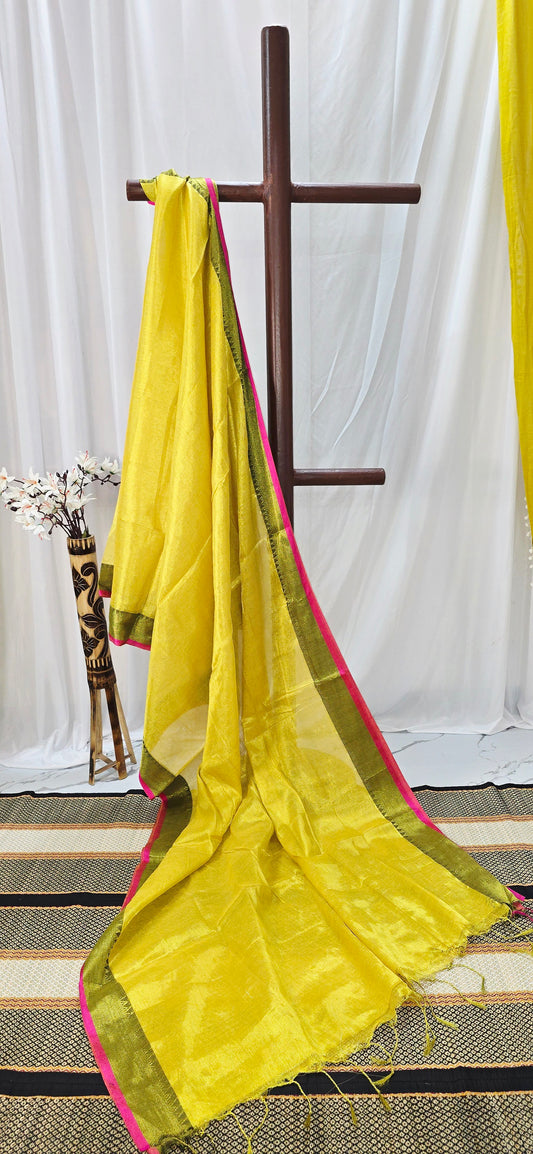 Elegant Yellow Tissue Cotton Saree with Border Design in Cotton for Festive Wear