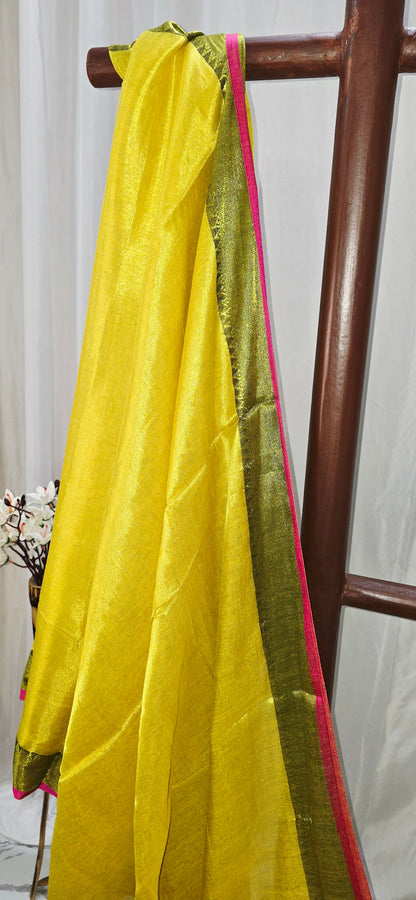 Elegant Yellow Tissue Cotton Saree with Border Design in Cotton for Festive Wear