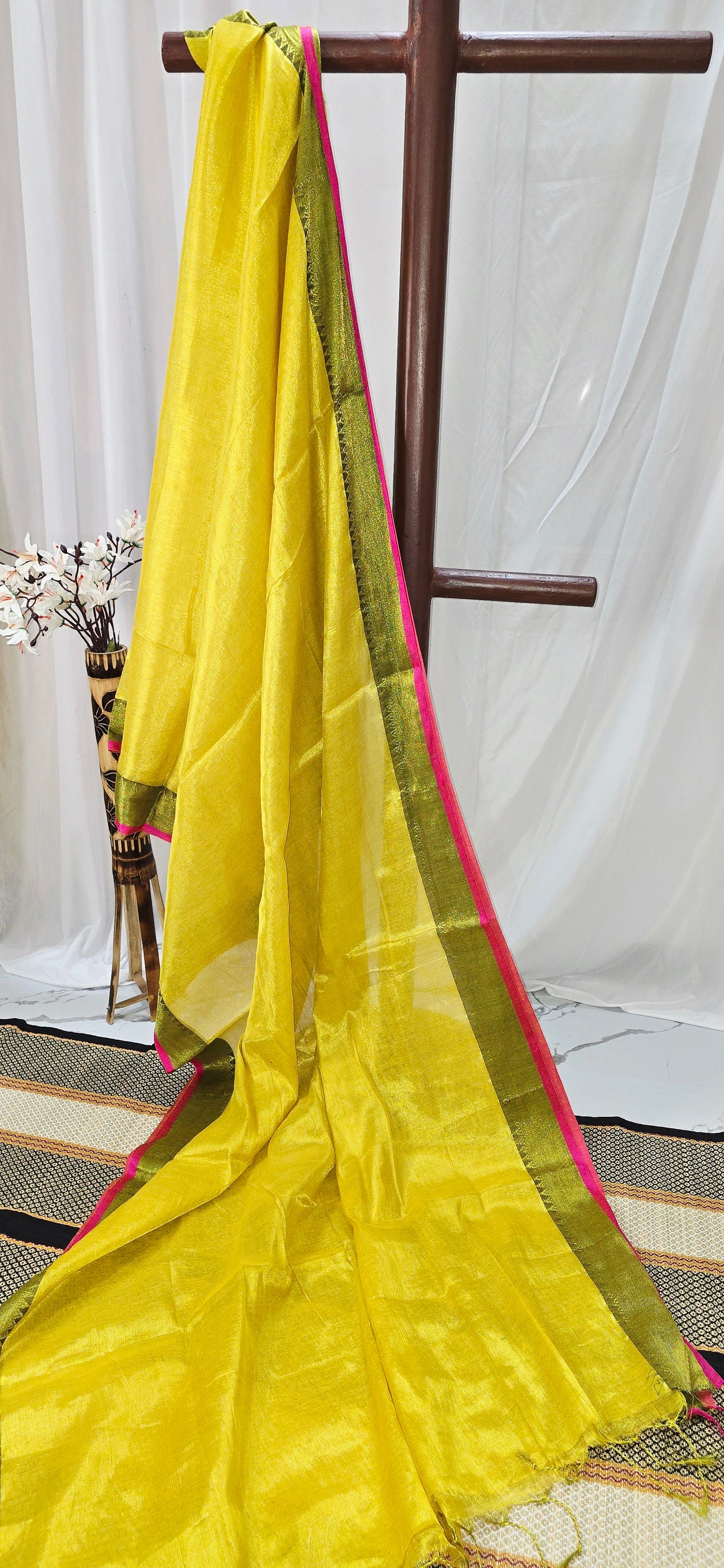 Elegant Yellow Tissue Cotton Saree with Border Design in Cotton for Festive Wear