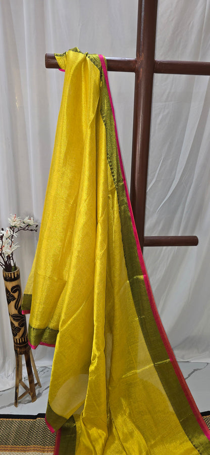 Elegant Yellow Tissue Cotton Saree with Border Design in Cotton for Festive Wear