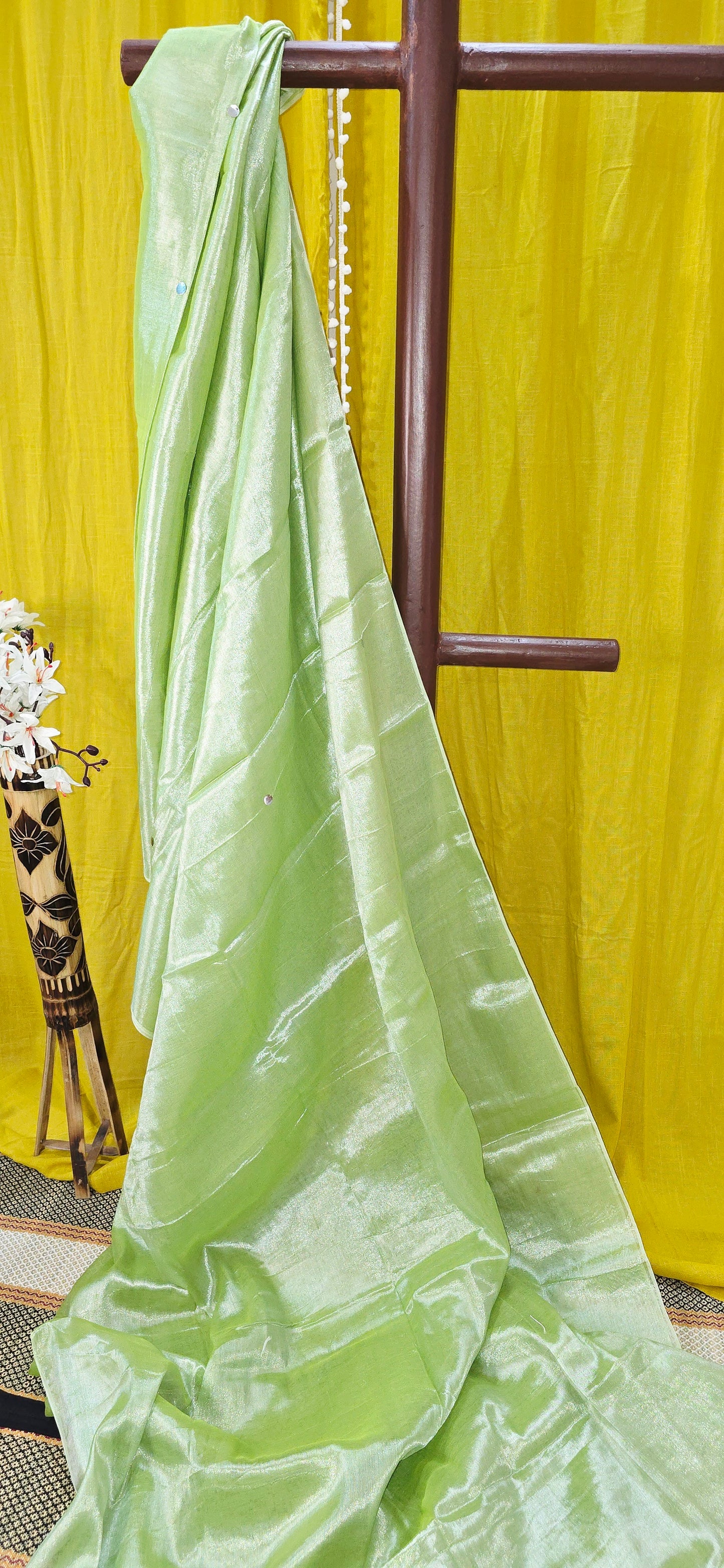 Stunning Green Tissue Cotton Saree with Sequence Design for Everyday Wear