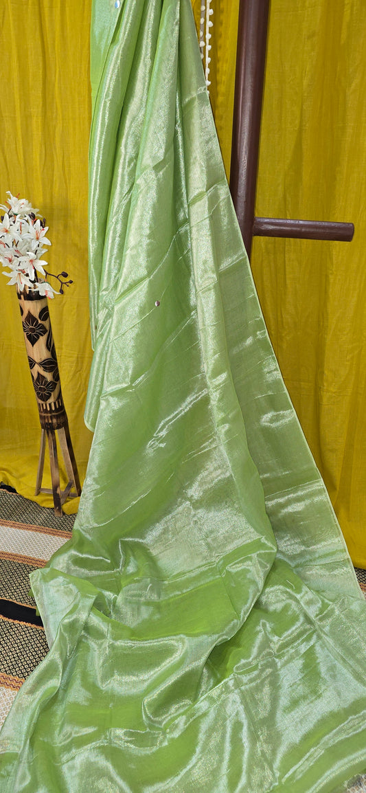 Stunning Green Tissue Cotton Saree with Sequence Design for Everyday Wear