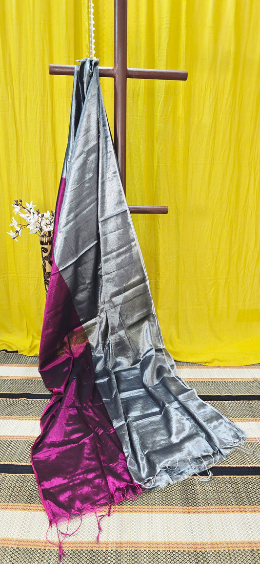 Elegant Pink and Silver Dual Shade Tissue Cotton Saree for Festive Wear