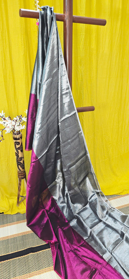 Elegant Pink and Silver Dual Shade Tissue Cotton Saree for Festive Wear