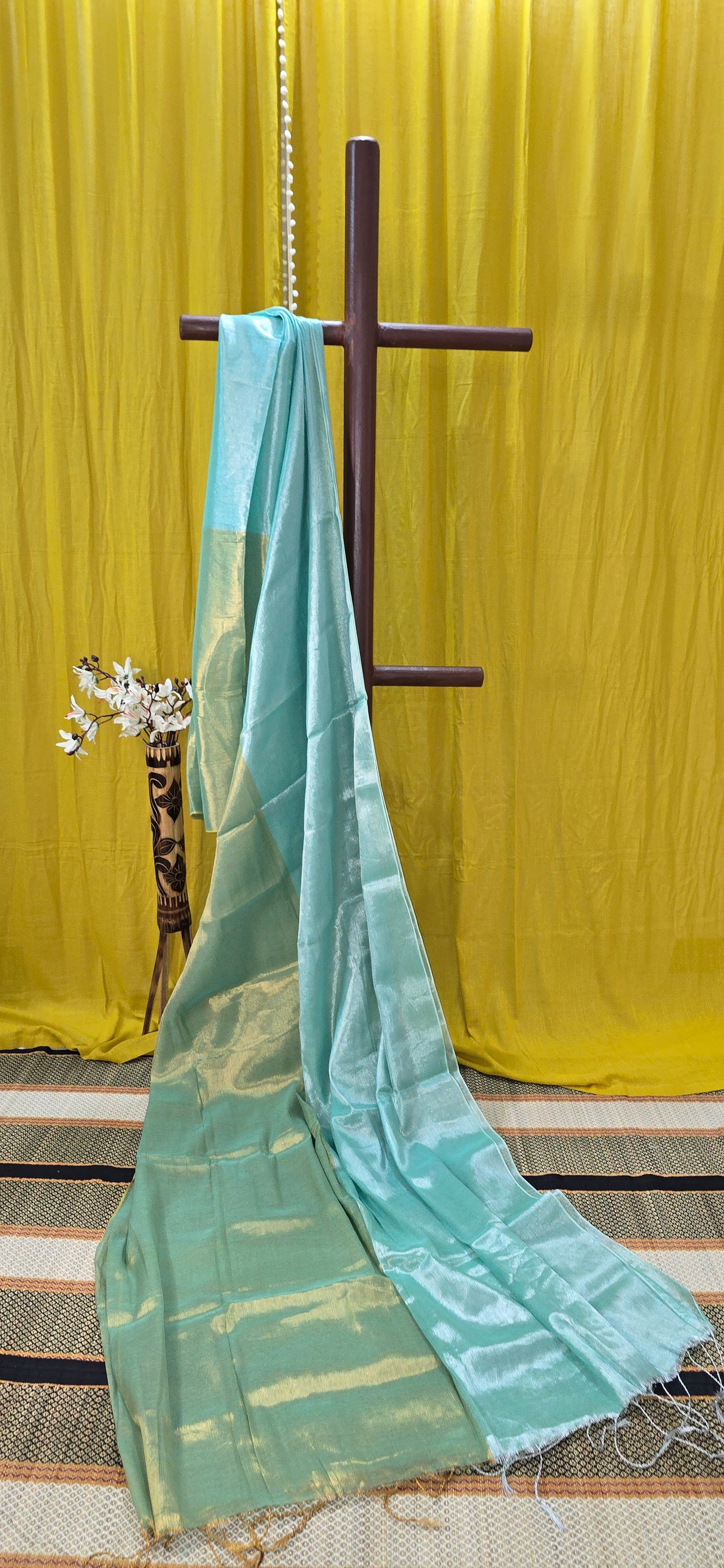 Aqua Blue Tissue Silk Saree with Olive-Gold Pallu – Dual-Tone Glossy Festive & Party Wear