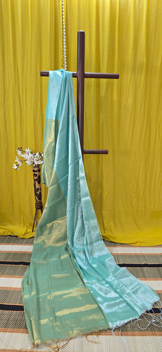 Aqua Blue Tissue Silk Saree with Olive-Gold Pallu – Dual-Tone Glossy Festive & Party Wear