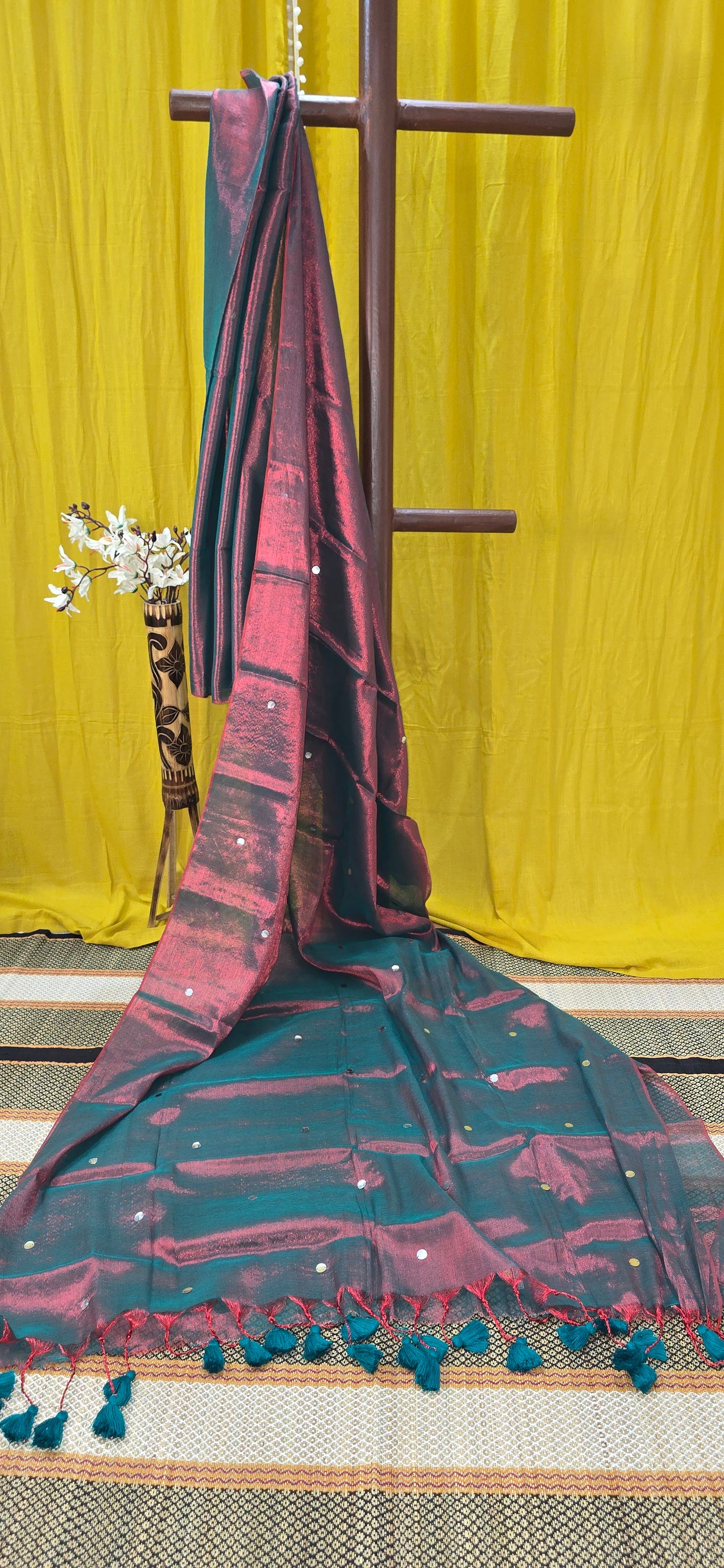 Teal & Wine Dual-Tone Tissue cotton Saree with Sequin Dots & Tassel Pallu