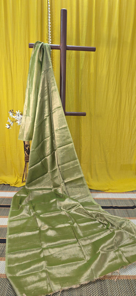 Olive Green Tissue Silk Saree with Self Border