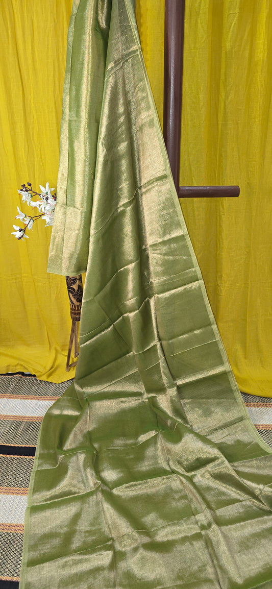 Graceful Green Tissue Cotton Saree with Elegant Design for Party and Festive Wear