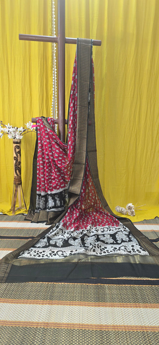 Elegant Red Chanderi Silk Saree with Kalamkari Print for Traditional Festive Wear