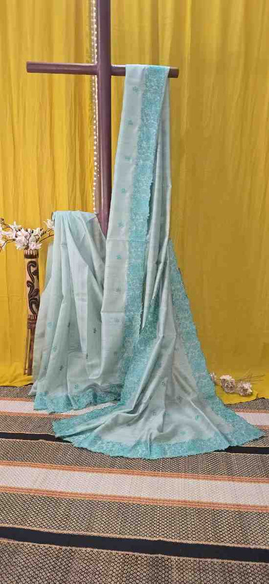 Sea Green Tussar Silk Saree with Floral Cutwork Border